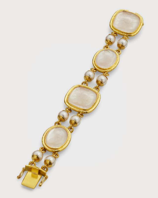 19K Bee and Moth Venetian Glass Intaglio Bracelet with Pearls